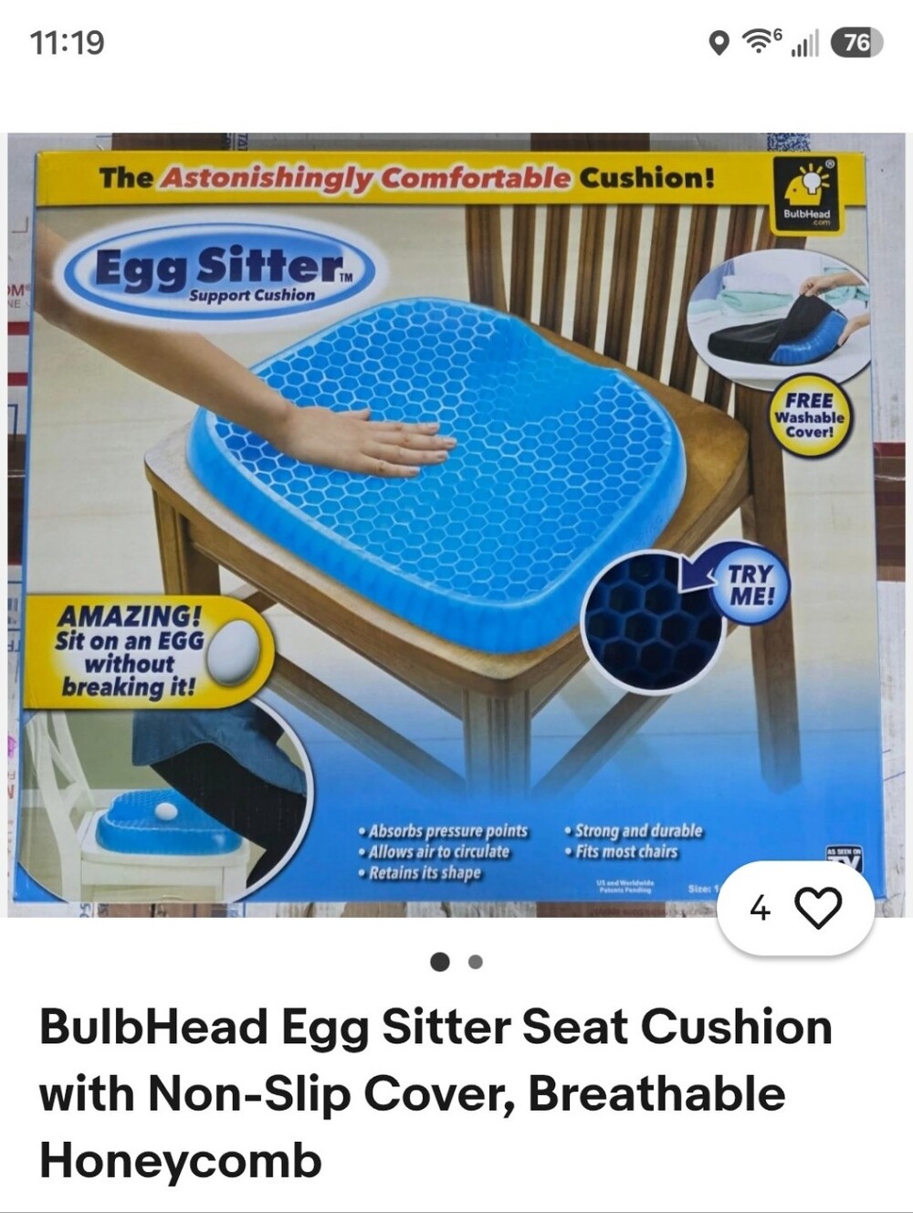 BulbHead Egg Sitter Seat Cushion with Non-Slip Cover, Breathable Honeycomb